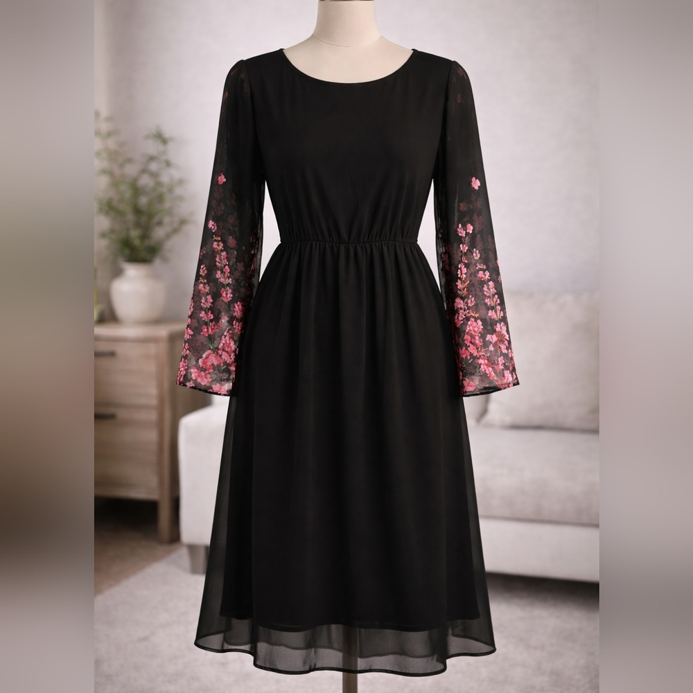 BloomChic Black Floral Midi Dress | Sheer Sleeve Overlay‎ | NWT | Size 14–16